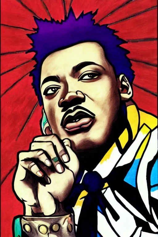 Image similar to Martin Luther King as Jotaro Kujo JoJo from JoJo\'s Bizarre Adventure, anime drawing by Hirohiko Araki, vivid colors, colorful fashion