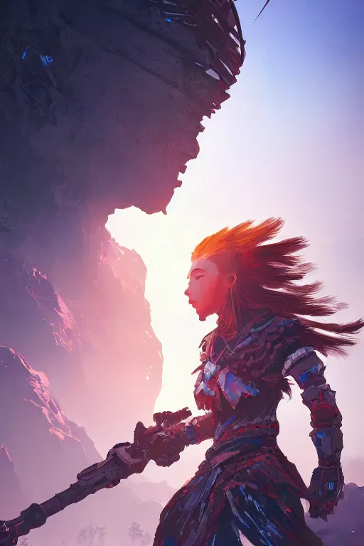 Image similar to combination suit armor aloy horizon forbidden west horizon zero dawn radiating a glowing aura global illumination ray tracing hdr fanart arstation by ian pesty and alena aenami artworks in 4 k tribal robot ninja mask helmet backpack