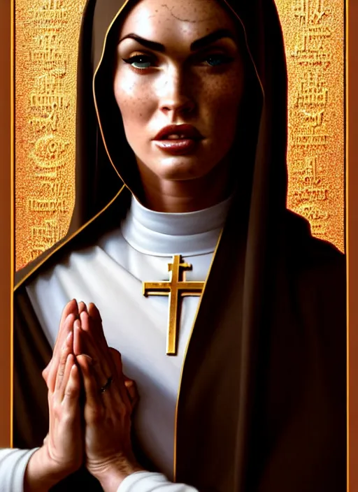 Image similar to portrait of megan fox as a nun praying, catholic, church, bible, christian, intricate, headshot, highly detailed, digital painting, artstation, concept art, sharp focus, cinematic lighting, illustration, art by artgerm and greg rutkowski, alphonse mucha, cgsociety