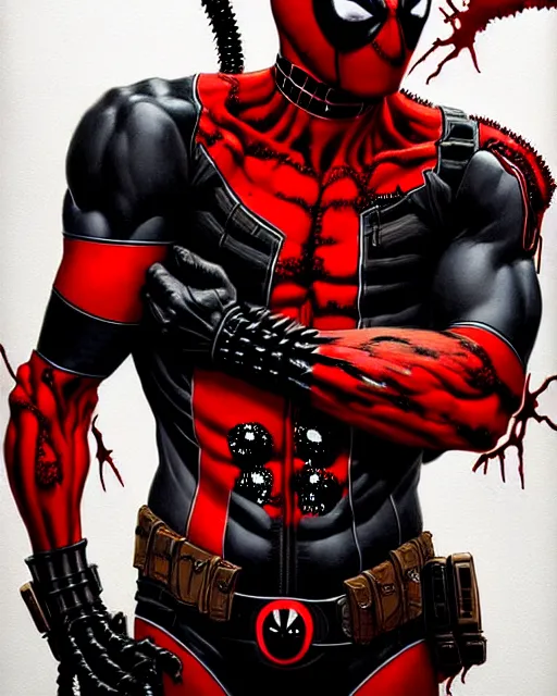 Prompt: highly detailed closeup portrait of a cyborg carnage symbiote in deadpool suit with carnages face, by greg rutkowski, by greg tocchini, by james gilleard, by kaethe butcher, gradient in red, black, crimson and grey color scheme,'grunge aesthetic '!!!