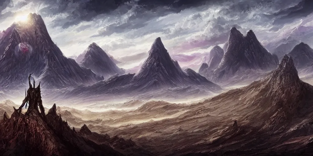 Image similar to The eldritch landscape with mountains in the background, Sci-Fi fantasy desktop wallpaper, painted, 4k, high detail, sharp focus