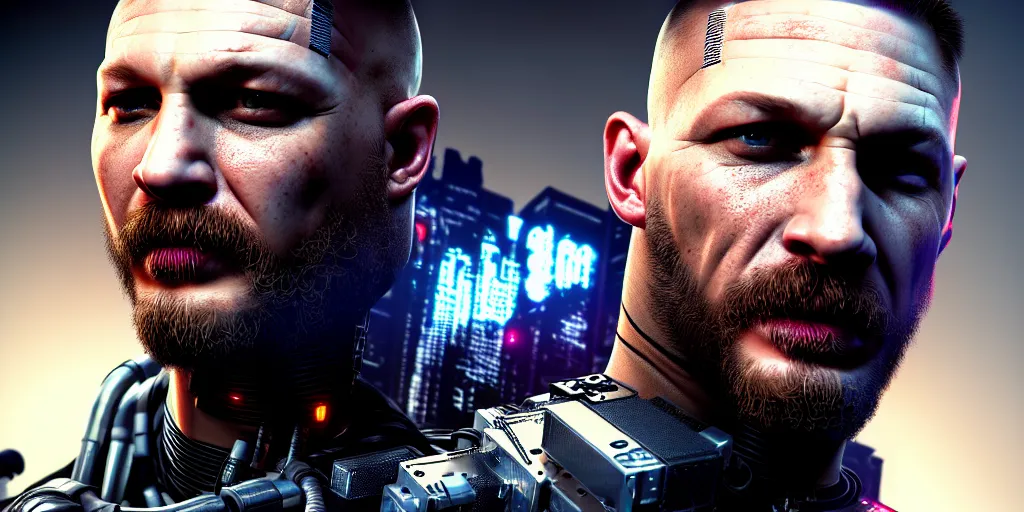 Image similar to Tom Hardy as in cyborg Cyberpunk 2077 , highly detailed digital art , trending on artstation, high quality, highly detailed