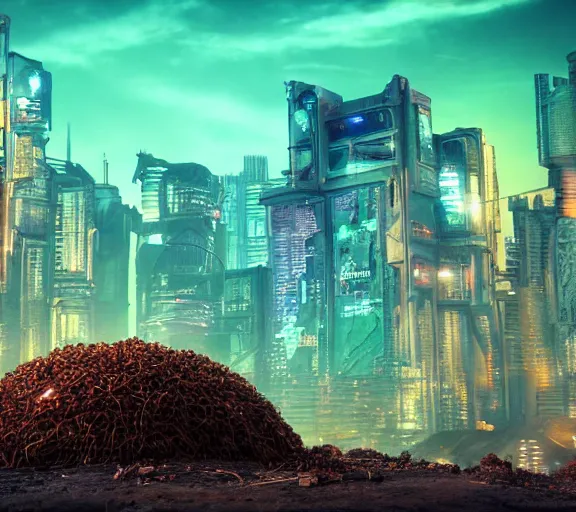 Prompt: a detailed anthill seen from the inside as a big city, cyberpunk, fallout 5, studio lighting, deep colors, apocalyptic setting, city at night, sky view