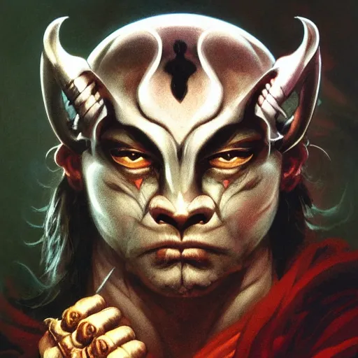 Image similar to head and shoulders portrait of a rakshasa, d & d, fantasy, greg rutkowski, frank frazetta, alexandre chaudret, boris vallejo, michael whelan, miro petrov, hr giger, magali villeneuve, donato giancola