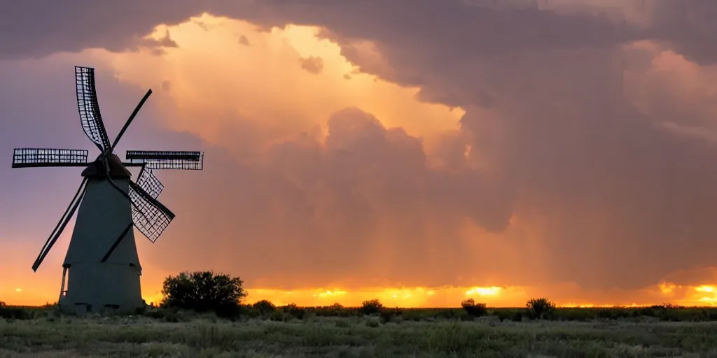 Image similar to photo of a stormy west texas sunset, perfect windmill, film photo, lightning, golden hour, high quality, beautiful!!!