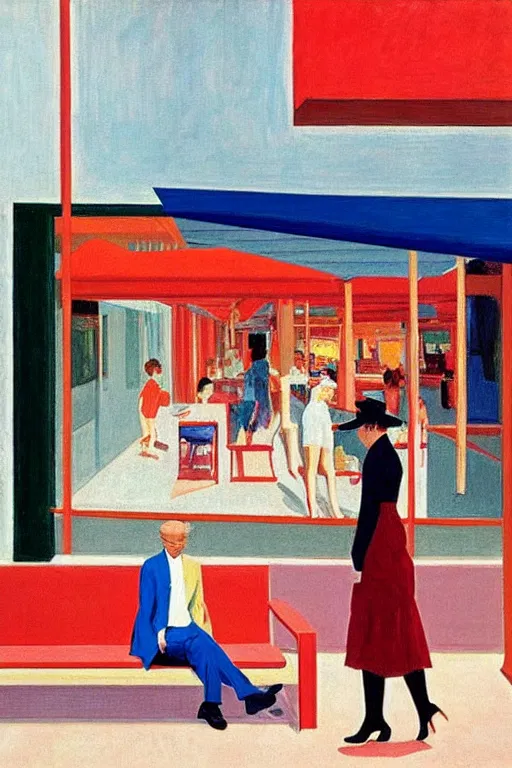 Prompt: Sunday Evening at the mall by David Hockney, Edward Hopper, 1958, exhibition catalog