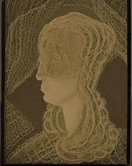 Image similar to a woman's face in profile, made of intricate decorative lace leaf, in the style of the dutch masters and gregory crewdson, dark and moody