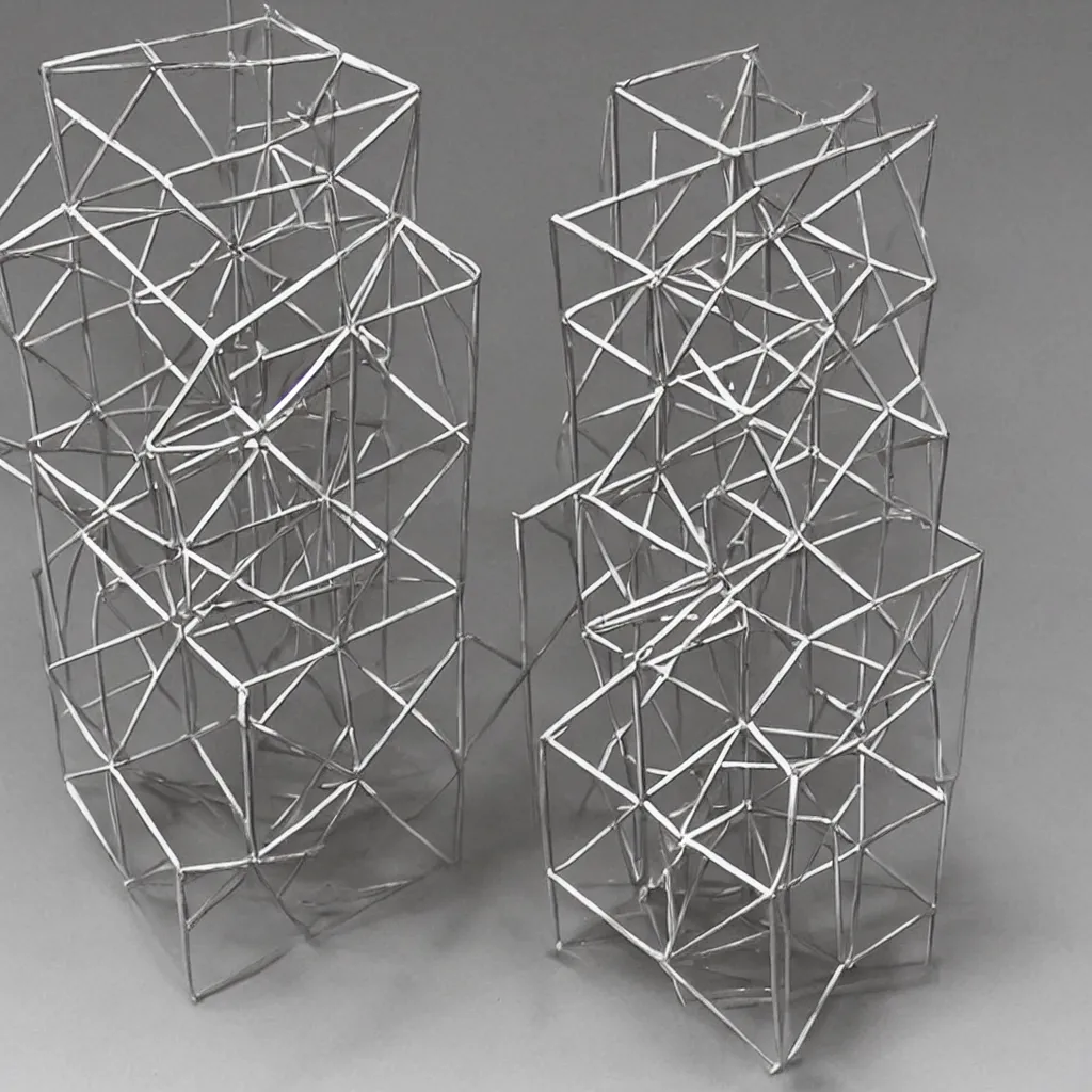 Image similar to a realistic metal sculpture of a hypercube, super detailed