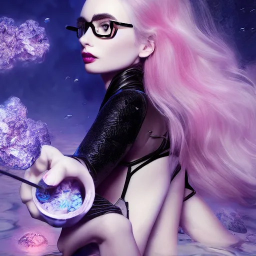 Prompt: abeautiful + blonde + dragon queen + white hair + cool black glasses + holding pistol + tights + lily collins + black pink + angels, floating under the deep dream water, beautiful smooth soft light + white petal, oil paint, cinematic lighting, octane render, unreal engine 5, closeup, 4 k, highly detailed, instagram,