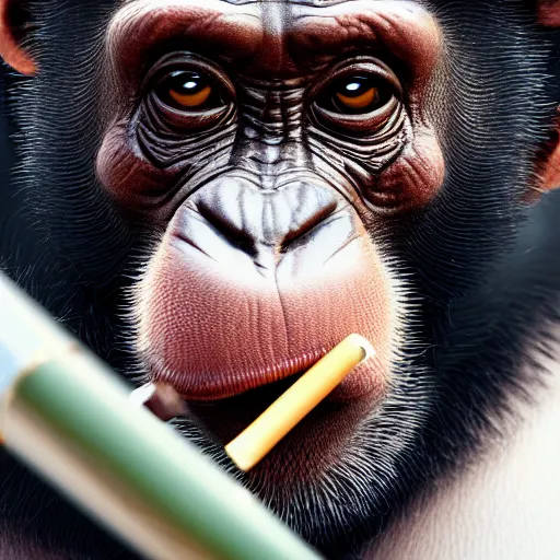 Image similar to a high detail closeup shot of a chimp wearing a suit 👔,and smoking a cigarrette🚬, cgcosiety, artstation, unreal engine, realism