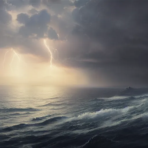 Prompt: a painting of a singular skyscraper shining its light on a tumultuous sea made out of clouds, cinematic lightning, photo realistic, by Greg Rutkowski, post processed, extremely high detail, artstation, wide shot, digital art, UHD 8K