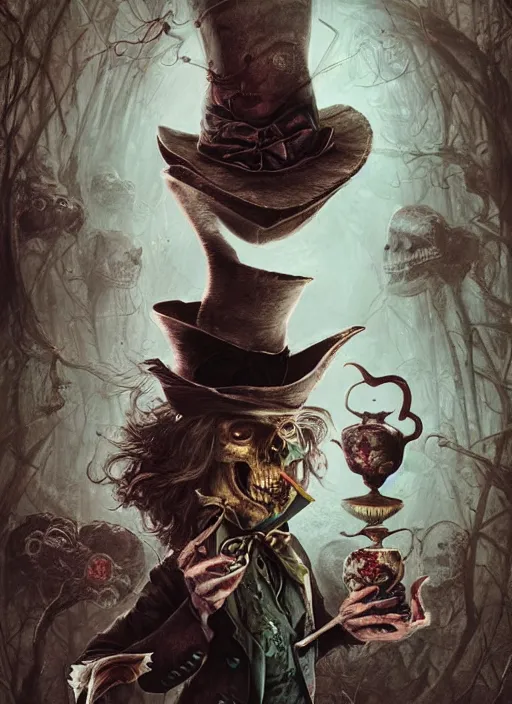 Image similar to Mad Hatter drinking tea with Alice in wonderland,death tarot card,highly detailed,half skull face,cinematic,8k,by Stanley Artgermm,Tom Bagshaw,Greg Rutkowski,Carne Griffiths, Ayami Kojima, Beksinski, Giger,trending on DeviantArt,hyper detailed,horror, full of colour