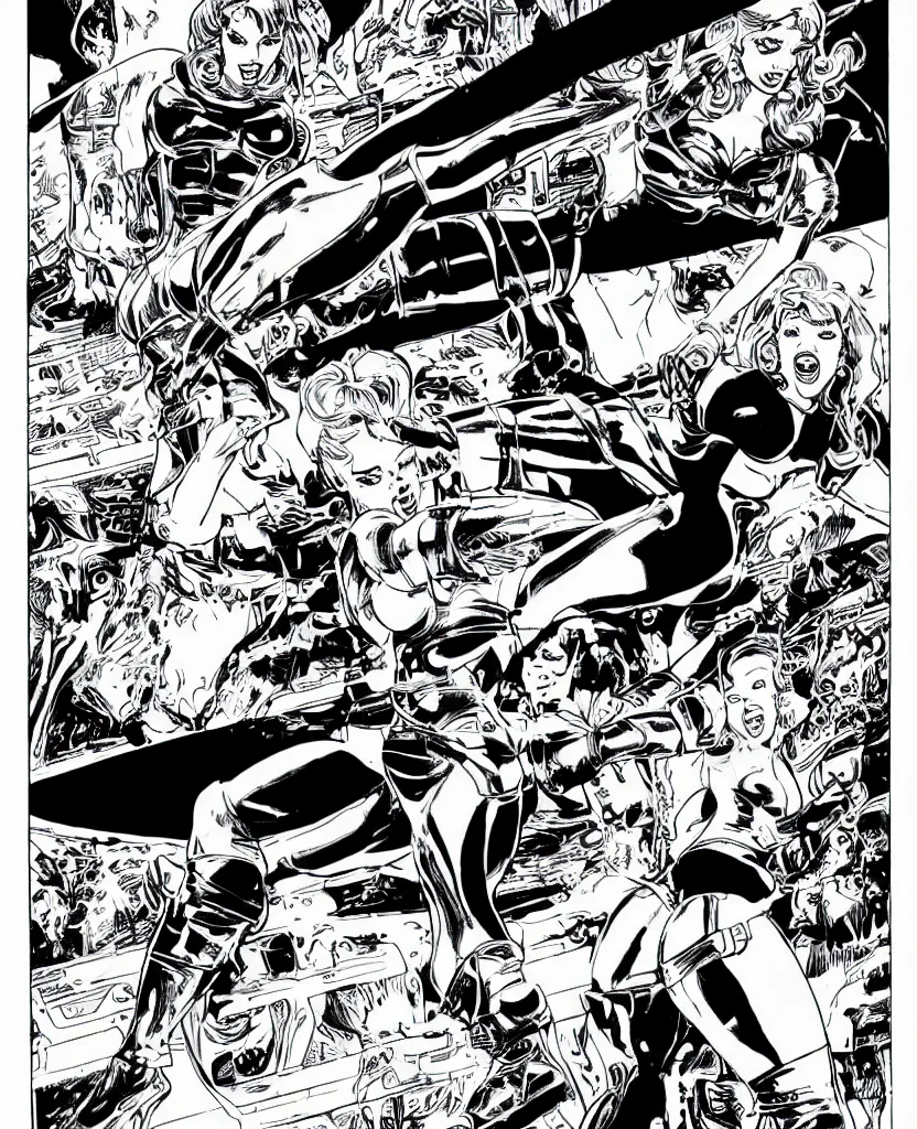 Image similar to comic page, one panel, kylie minogue as barbarella, piloting her starship. retro control panel. drawn by pablo marcos. b & w. black and white.