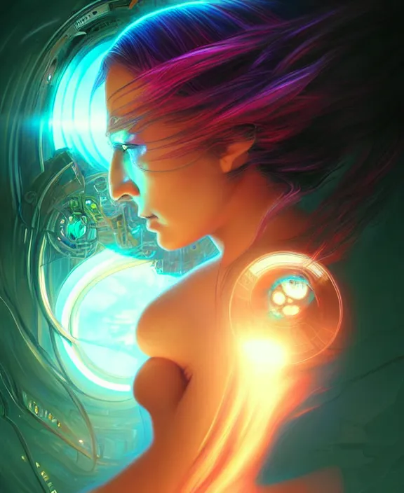 Image similar to a whirlwind of souls rushing inside the metaverse, hologram, half body, neurochip, shaved temple, piercing, jewelry, android, cyborg, cyberpunk face, by loish, d & d, fantasy, intricate, elegant, highly detailed, colorful, digital painting, artstation, concept art, art by artgerm and greg rutkowski and alphonse mucha