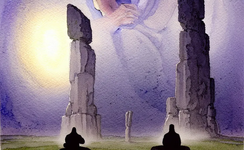 Image similar to a hyperrealist watercolour character concept art portrait of a pagan worshipper kneeling down in prayer in front of a tall elegant giant on a misty night in stone henge. a battlecruiser starship is in the background. by rebecca guay, michael kaluta, charles vess and jean moebius giraud