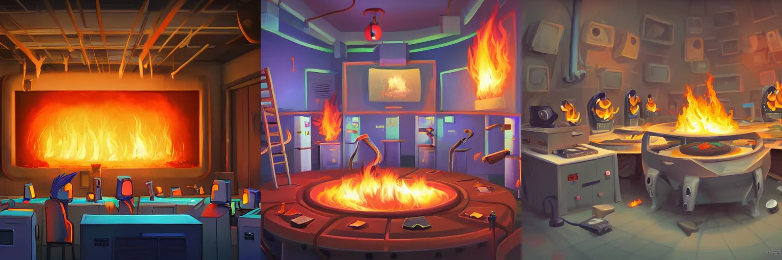 Prompt: a discord server room on fire,by nick silva and RHADS, , stylized, detailed