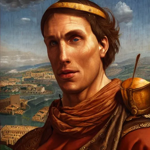 Image similar to Jerma985 in Ancient Rome, detailed, highly detailed, heroic, epic, complex, very detailed, realistic, HD quality, 8k resolution, body and headshot, Oil Painting, Italian Renaissance Painting, Italian Renaissance Painting Style, Renaissance Painting Style, Painting, Trending on Artstation