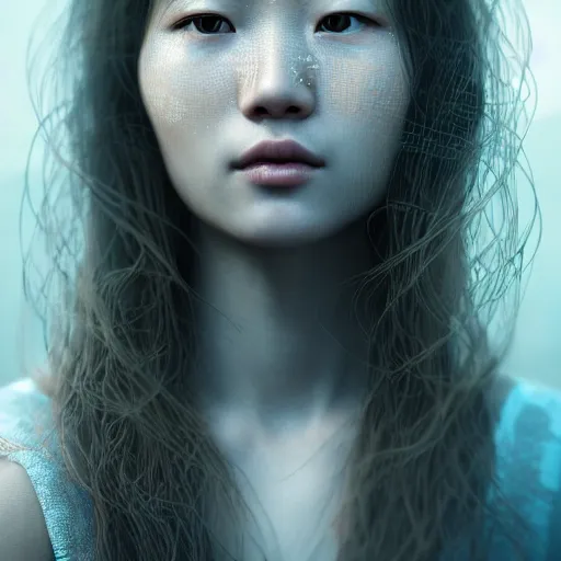 Image similar to intricate highly detailed face portrait of asian - european woman, light blue water vines on her face, intricate, cgsociety, unreal engine, octane render, sharp focus, smooth, volumetric lighting, cinematic composition, artstation