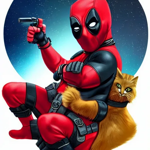 Prompt: deadpool riding on fluffy cat in space trending on artstation