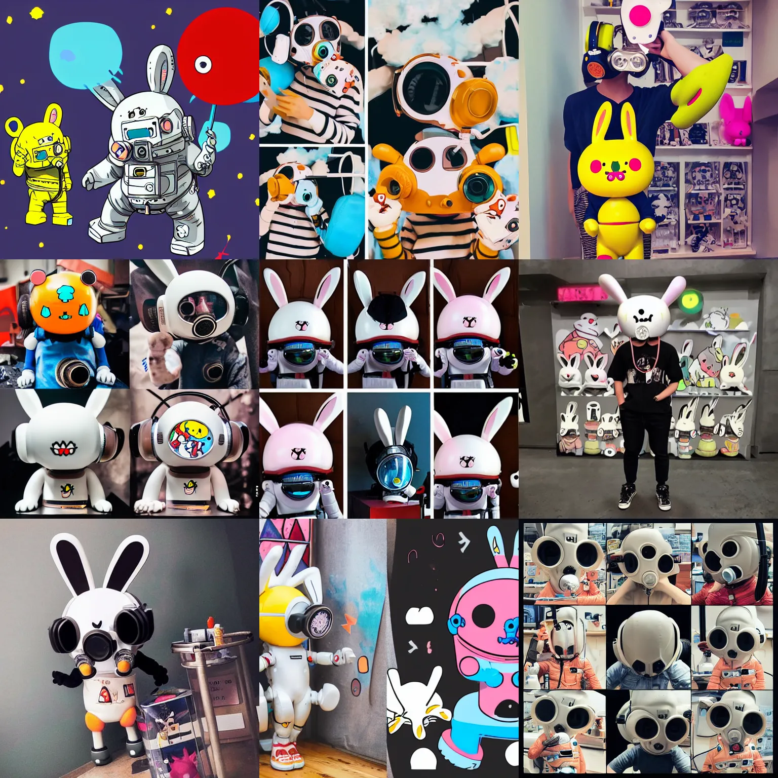 Prompt: a cute funny rabbit monster wearing a cool headset + gas mask + astronaut helmet, garage kit, mandkaws, bearbrick, bt 2 1,