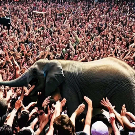 Prompt: an elephant lying on the side while crowd surfing, concert photo