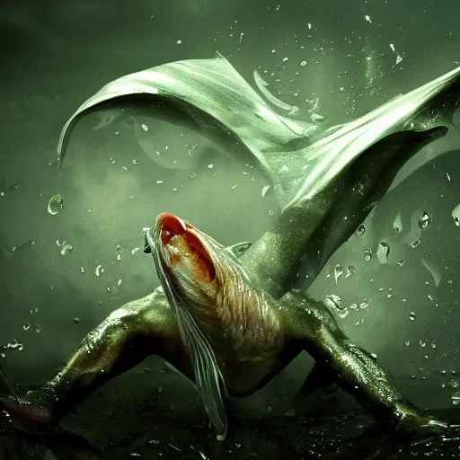 Image similar to fish with gollum face flying, rainy, lighting, dragon wings