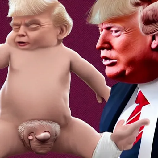 Prompt: joe biden in a bloody diaper, fist fighting a dwarf - sized donald trump, ultra hyper mega realistic, render