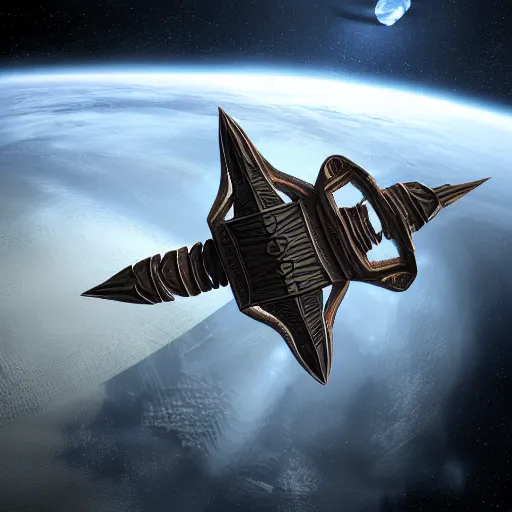 Image similar to concept art of a large space vessel in the shape of an spear by chriss foss