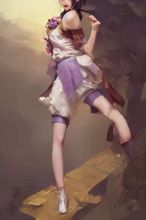 Prompt: Full View of Eunha from Viviz and gFriend with short hair wearing a purple military uniform and puffy silk shorts, white leggings, Golden Ribbon, and a billowy scarf. Rhythmic gymnastics poses. masterpiece 4k digital illustration by Ruan Jia and Mandy Jurgens and Artgerm and greg rutkowski and WLOP, award winning, Artstation, art nouveau aesthetic, Alphonse Mucha background, intricate details, realistic, panoramic view, Hyperdetailed, 8k resolution, intricate art nouveau