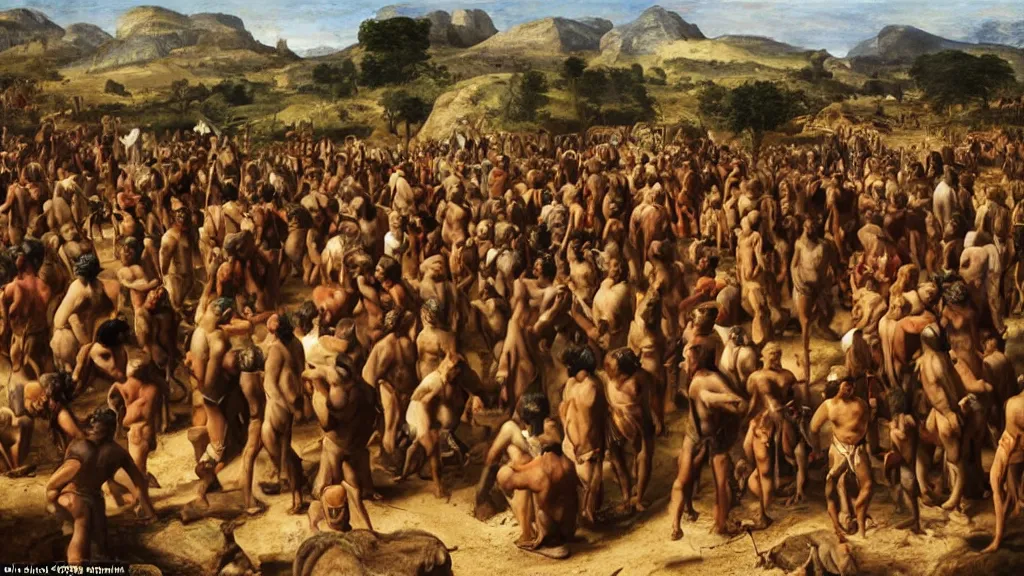 Image similar to hundreds of neanderthals gathering for a trade in an african valley, in the style of italian renaissance