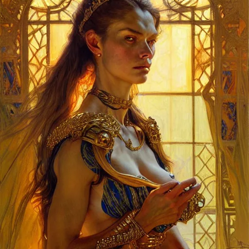 Image similar to highly detailed portrait of a majestic lioness queen in the form of a beautiful woman. d & d, art by donato giancola and ruan jia and carl larsson and eugene delacroix. trending on artstation, intricate details, energetic composition, golden ratio, concept art, illustration, elegant art