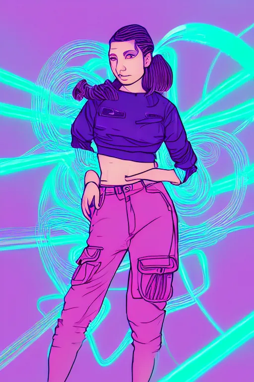 Image similar to a award winning half body portrait of a beautiful woman in a croptop and cargo pants with ombre purple pink teal hairstyle surrounded by whirling illuminated lines, outrun, vaporware, shaded flat illustration, digital art, trending on artstation, highly detailed, fine detail, intricate