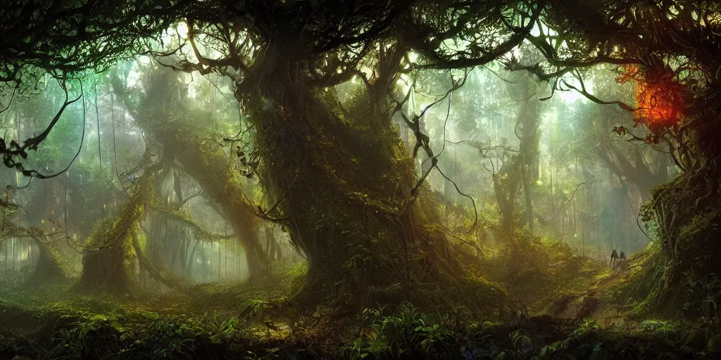 Prompt: a digital painting of a mystical forest with vines hanging from trees, fireflies glowing in various colors, desaturated, a detailed matte painting by stephan martiniere, cgsociety, fantasy art, matte painting, concept art, fractalism