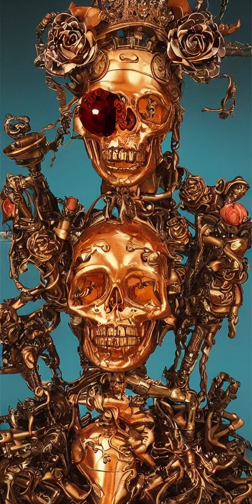 Image similar to a young handsome Spanish metal android with a large glowing red lit crystal in the center of his chest, full-body bronze cyberpunk style statue of Icarus with glowing purple eyes, crown of mechanical peach roses, flowing teal-colored silk, fabric, steampunk flowers. baroque elements, human skull. full-length view. baroque element. intricate artwork by caravaggio. many flying horses on background. Trending on artstation, octane render, cinematic lighting from the right, hyper realism, octane render, 8k, depth of field, 3D