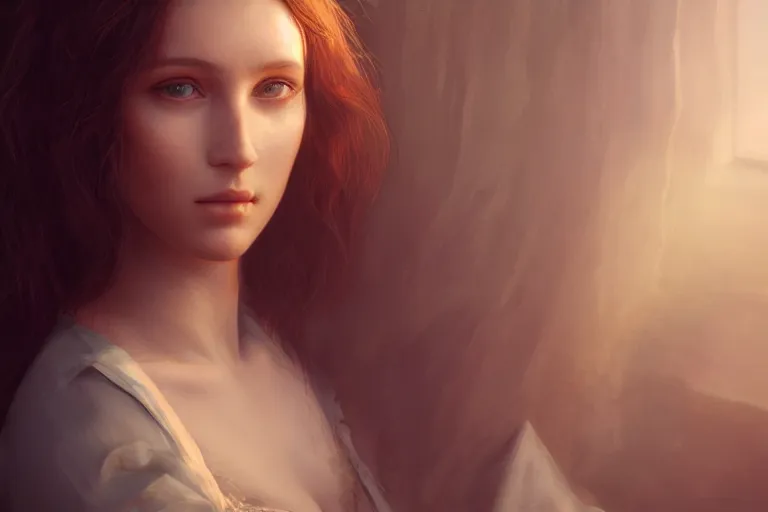 Image similar to beautiful portrait of a beautiful woman, Portrait, Rays of Shimmering Light, Natural Lighting, Artstation, by Pre-Raphaelite Brotherhood, Unreal Engine