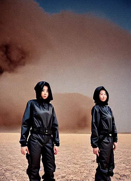 Image similar to cinestill 5 0 d photographic portrait of two loving clones, techwear women on a desolate plain, a brutalist dark metal facility in the background, dust storm, depth of field, 4 k, 8 k, hd, full color