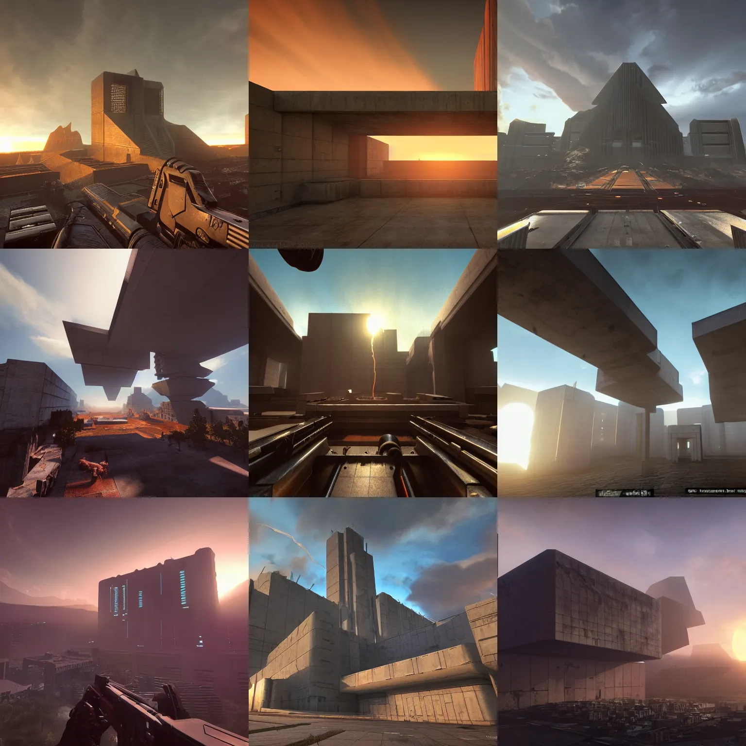 Prompt: a level from the 1993 computer game Doom, brutalist architecture, stunning volumetric light, sunset, metal, concrete and translucent material, stunning skies, majestic landscape, trending on Artstation, 8k, photorealistic, hyper detailed, unreal engine 5, IMAX quality, cinematic, epic lighting, in the style of Greg Rutkowski