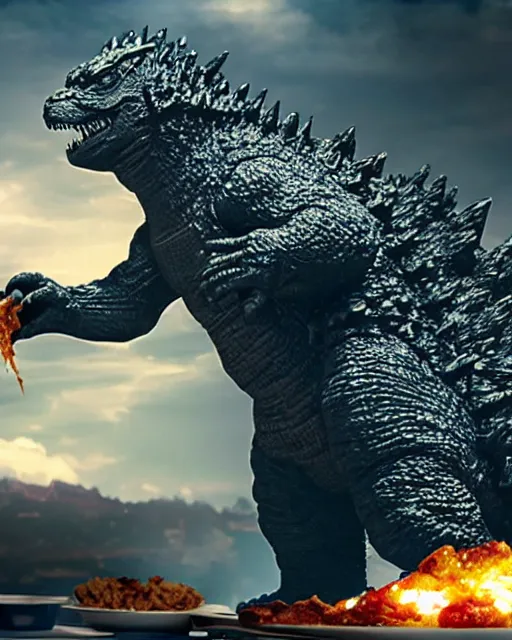 Image similar to godzilla eating a taco, ultra realistic, cinematic