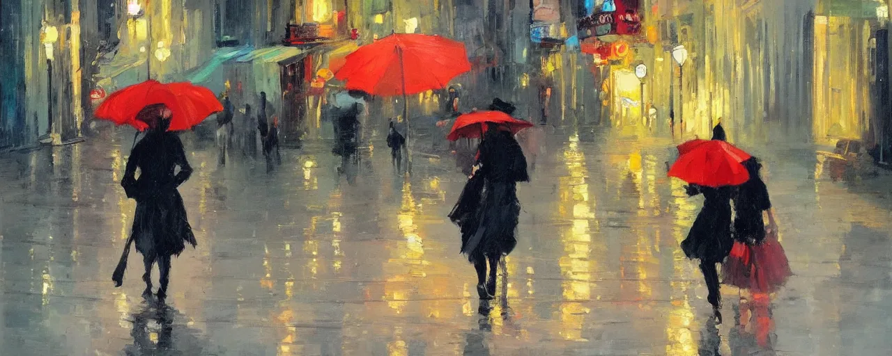 Prompt: evening city scene with central woman with umbrella. beautiful use of light and shadow to create a sense of depth and movement. uses energetic brushwork and a limited color palette, providing a distinctive look and expressive quality in a rhythmic composition