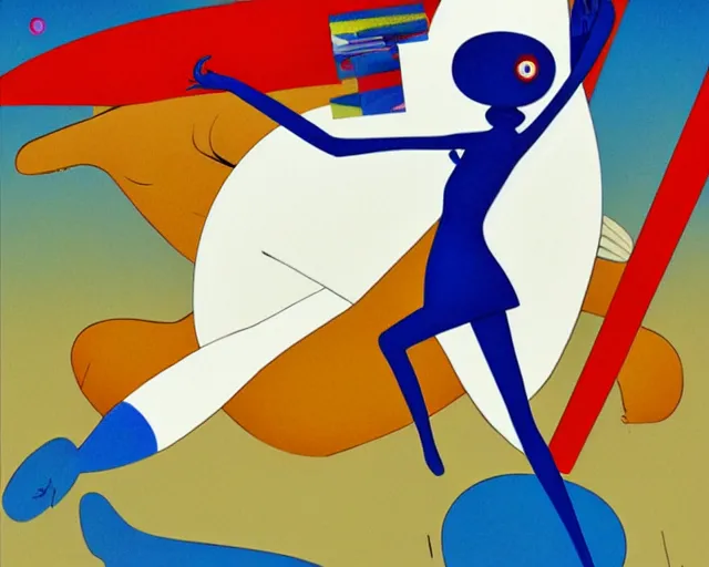 Image similar to a white skinned girl, very thin legs, a long tail, highly detailed, minimalistic composition, blue tones, sharp focus, giant bunny running in the background, art by jamie christopher hewlett and kandinsky and jean julien