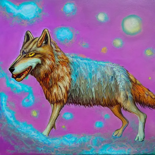 Image similar to an anthromorphic wolf robot using the force to levitate a sheep, by amanda clark in a psychedelic style, oil on canvas