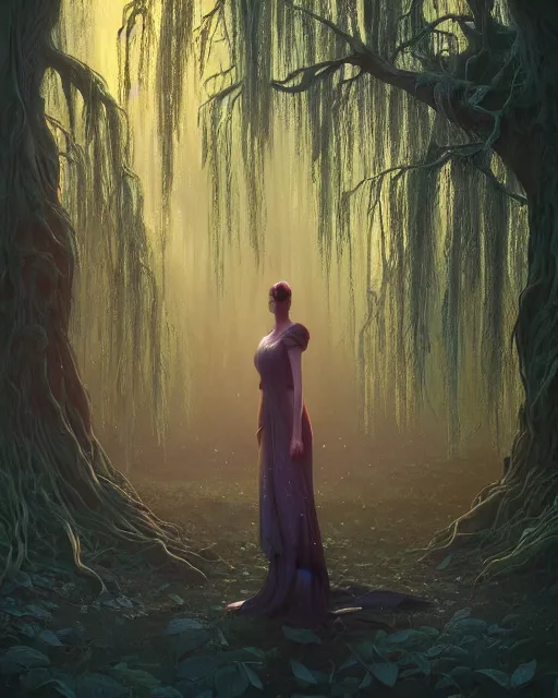 Image similar to highly detailed surreal vfx portrait of a cursed object in a shadowy forest by a willow tree, stephen bliss, unreal engine, greg rutkowski, loish, rhads, beeple, makoto shinkai and lois van baarle, ilya kuvshinov, rossdraws, tom bagshaw, alphonse mucha, global illumination, detailed and intricate environment