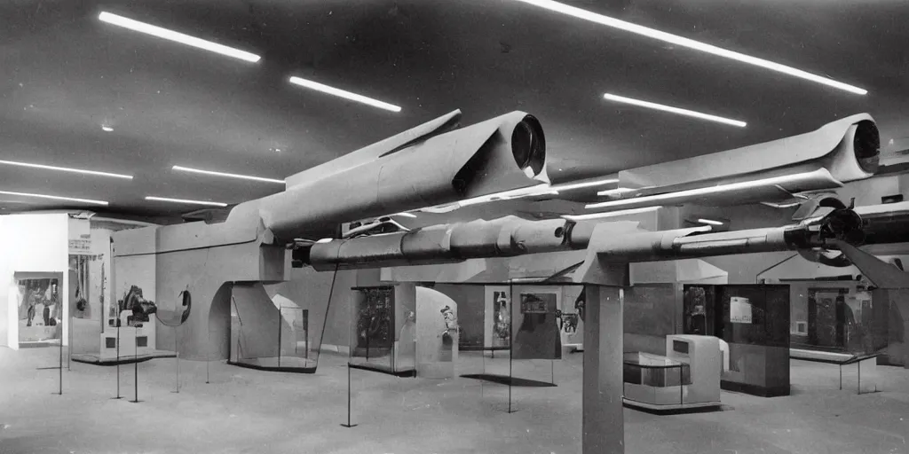 Image similar to museum display of ww 2 space laser weapons, archive photograph, 1 9 5 0's, sci - fi