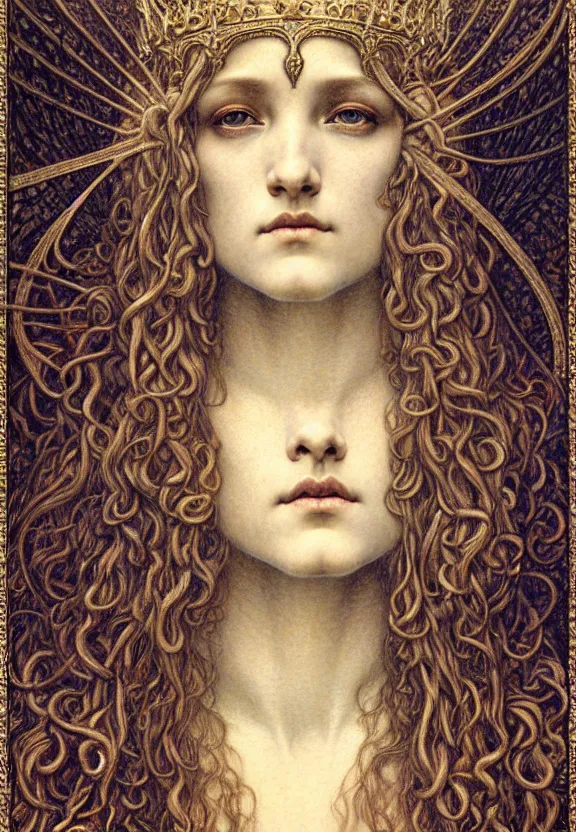 Image similar to detailed realistic beautiful young medieval queen face portrait by jean delville, gustave dore and marco mazzoni, art nouveau, symbolist, visionary, gothic, pre - raphaelite. horizontal symmetry