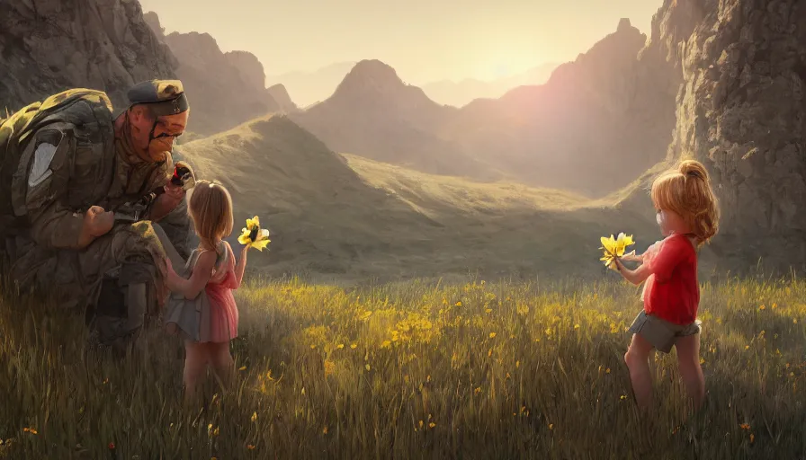 Image similar to side view of little girl giving flower to soldier, mountains in the background, sunny day, shadow, hyperdetailed, artstation, cgsociety, 8 k