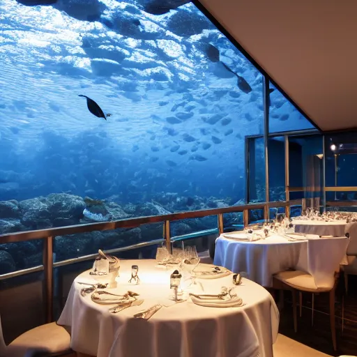 Prompt: michelin star restaurant interior, kitchen pass an underwater view of pristine scottish seas with fish shoal, golden hour