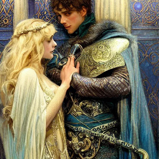 Image similar to handsome arthur pendragon in love with handsome merlin the mage. merlin is also in love with arthur. highly detailed painting by gaston bussiere, craig mullins, j. c. leyendecker