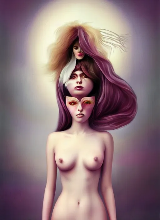 Prompt: pop surrealism, hyper realism, muted colors seductive female venus, cute girl, long hair, art by natalie shau, trevor brown