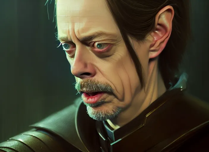 Image similar to a film still portrait of steve buscemi elven king, finely detailed features, cinematic lighting, perfect art, night cyberpunk city, intricate, anime, gapmoe grimdark, artstation, trending on pixiv fanbox, painted by greg rutkowski makoto shinkai takashi takeuchi studio ghibli, akihiko yoshida, 4 k