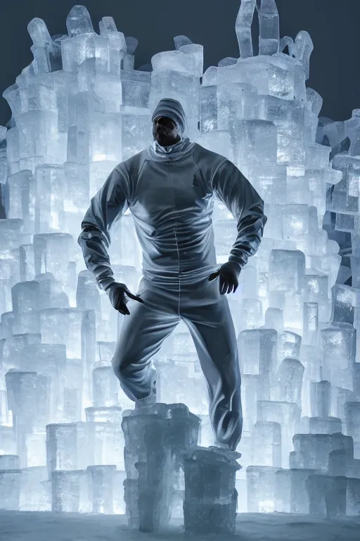 Image similar to ice sculpture of squatting man in tracksuit, shiny, ultra realistic render, 4k, volumetric lighting, highly detailed, studio lighting, octane render, glowng, ray tracing, cold mist, bokeh